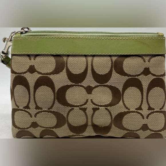 Coach Signature Jacquard Green Patent Trim Pouch Wristlet Khaki #2 - Picture 4 of 6